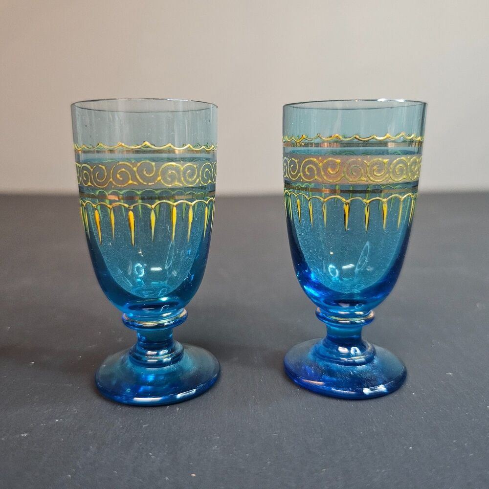 Set of 2 Blue and Gold Small Goblets 2.75" Delicate Vintage Liquor Glasses